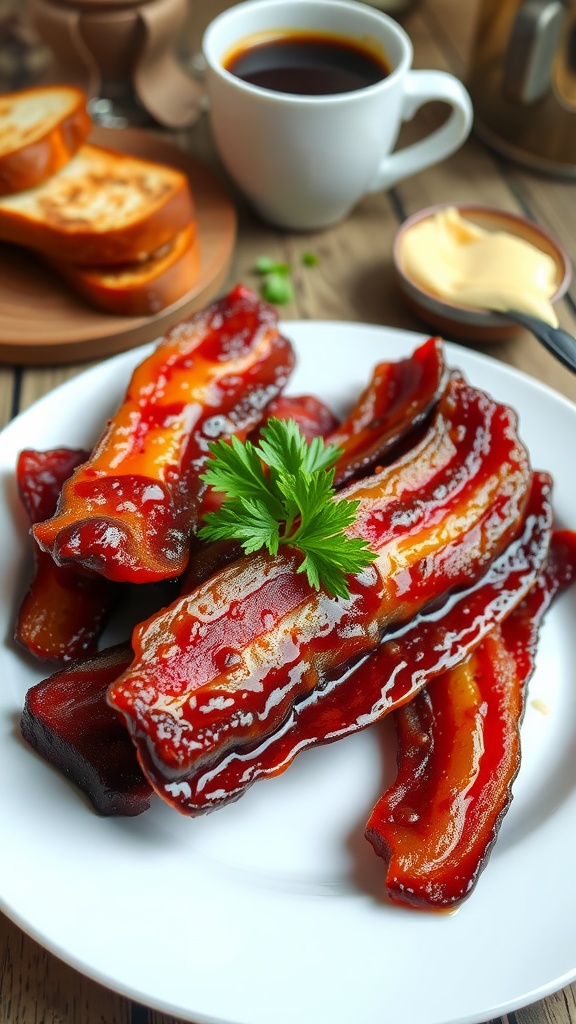 A plate of sweet and spicy million dollar bacon, garnished with parsley, on a rustic breakfast table.